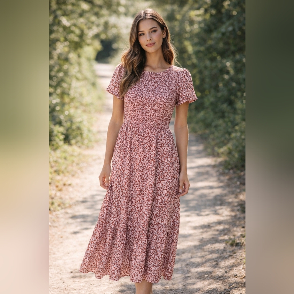 Women's Size S Floral Print Brown/Cream Maxi Dress Boho Cottage Core Prairie